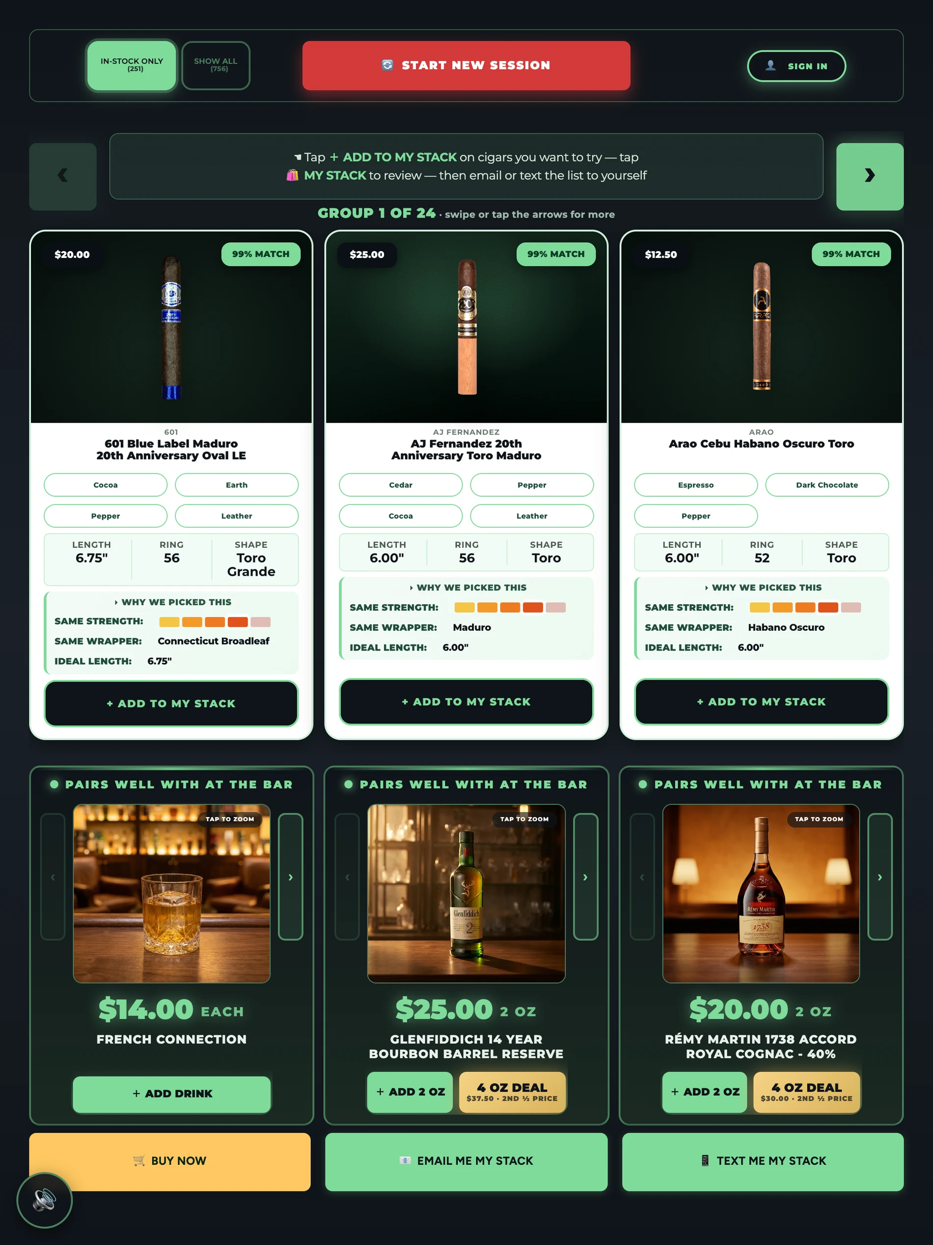 The live Stack Finder kiosk: three matched cigars with tasting notes and specs, above bar pairings